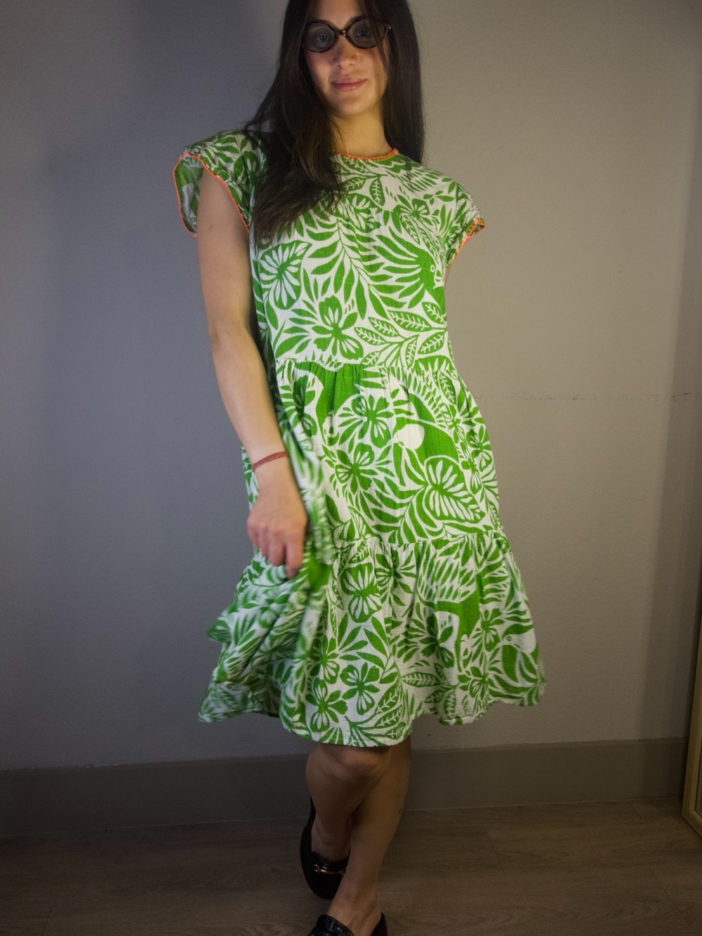 Uncle Frank Green Leaf Print Tiered Dress Size M - Picture 2 of 8